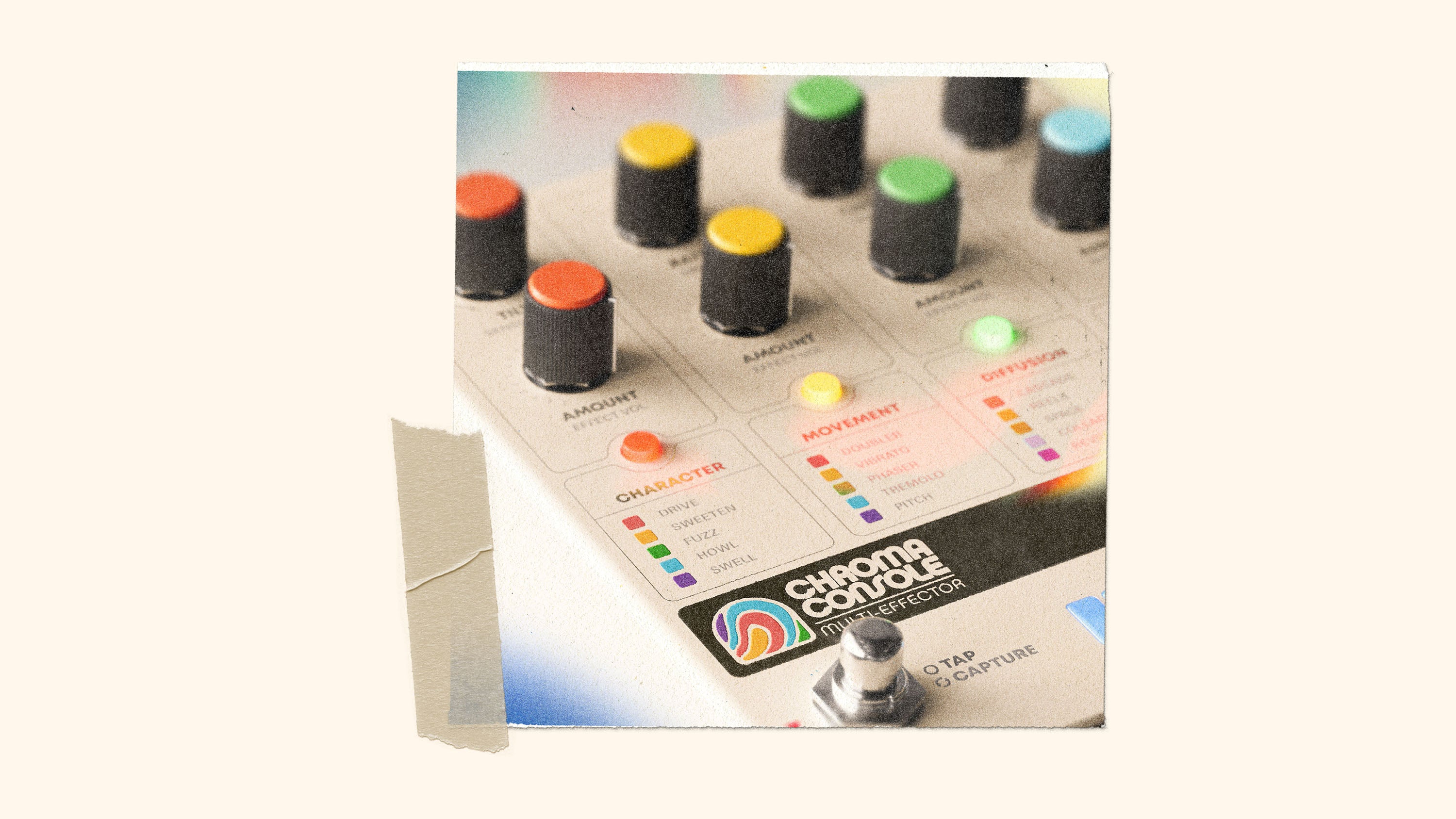 Close-up detailed view of the Hologram Electronics Chroma Console multi-effect pedal focused on the logo