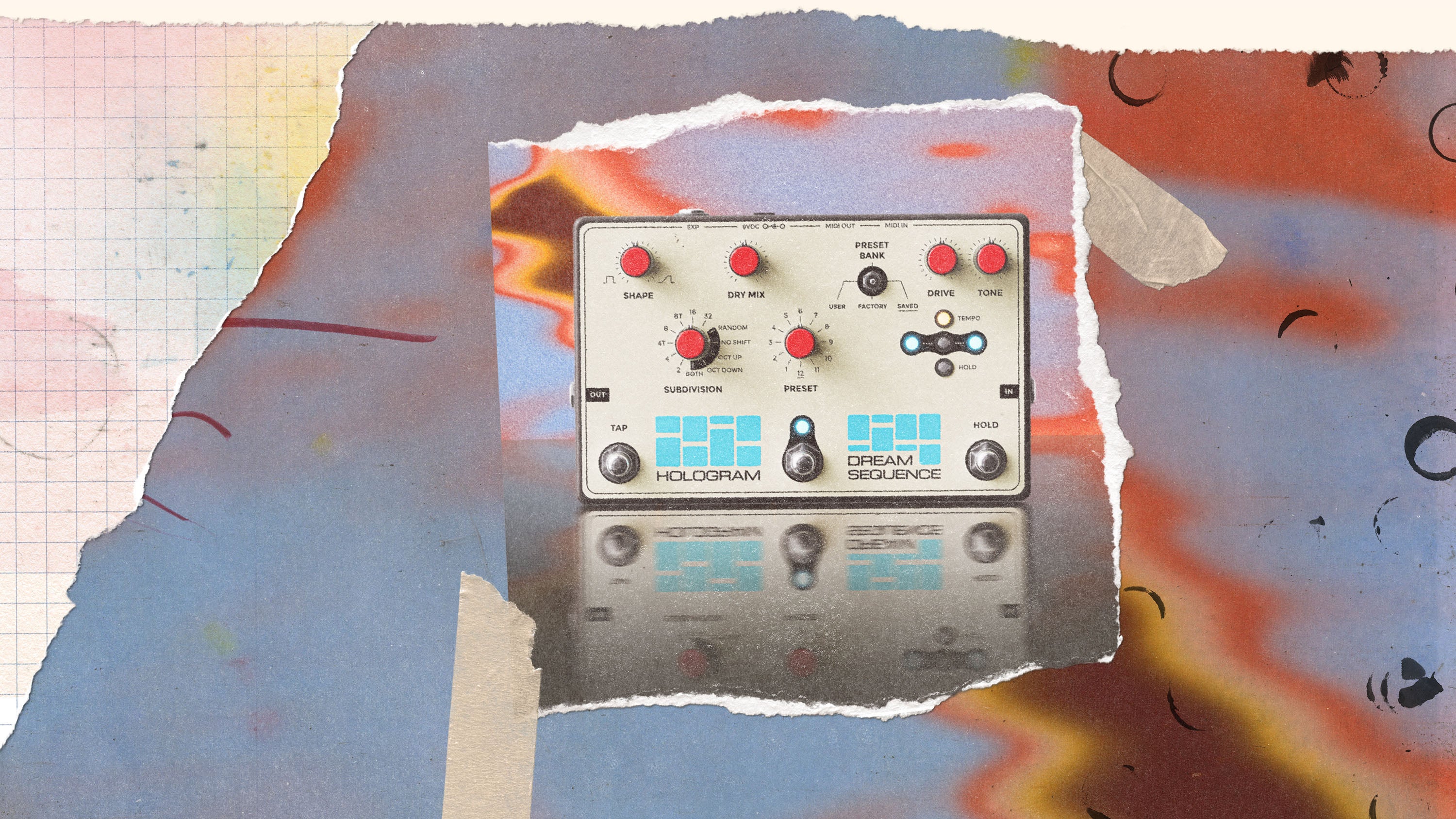 Straight-on detailed view of the Hologram Electronics Dream Sequence programmable rhythm and octave pedal on a reflective surface