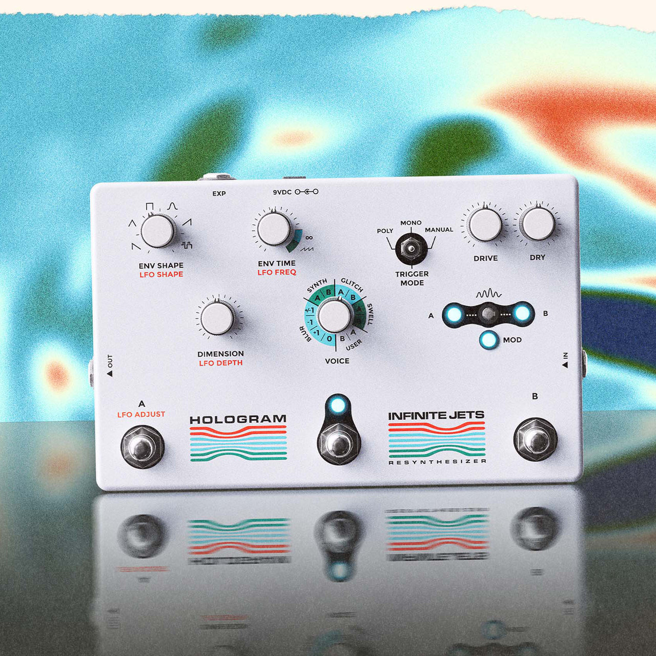 Straight-on detailed view of the Hologram Electronics Infinite Jets: Resynthesizer multivoice synth and glitch pedal on a reflective surface
