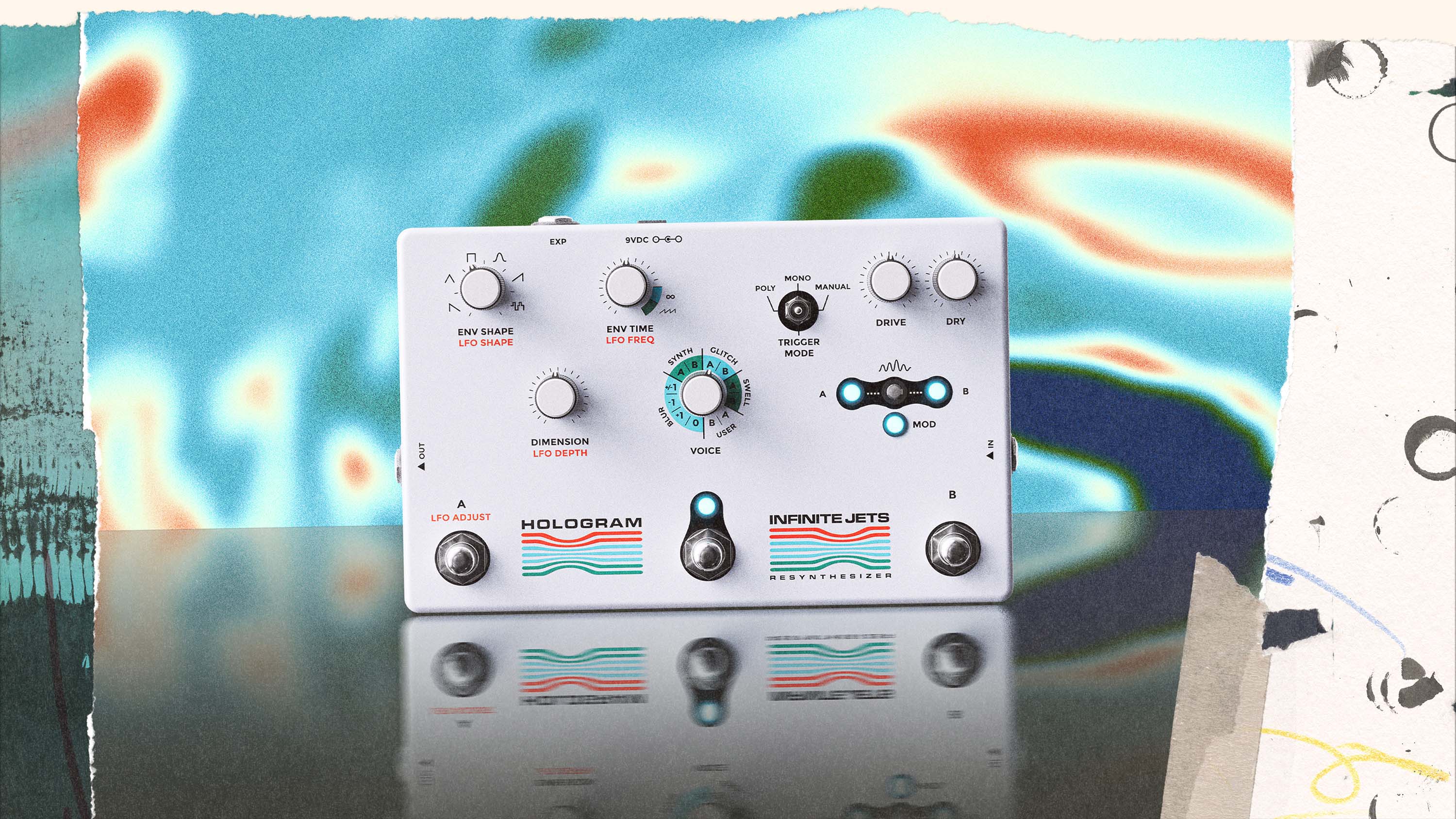 Straight-on detailed view of the Hologram Electronics Infinite Jets: Resynthesizer multivoice synth and glitch pedal on a reflective surface