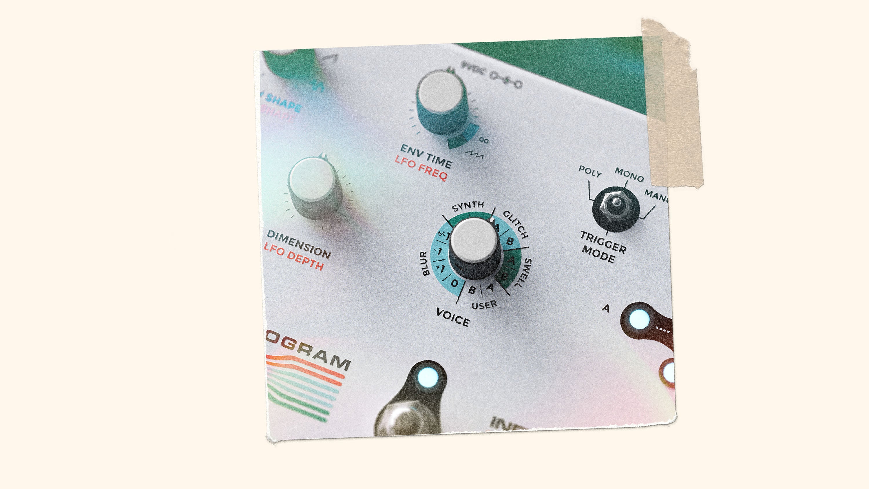 Close-up detailed view of the Hologram Electronics Infinite Jets: Resynthesizer multi-voice synth and glitch pedal focused on the Voice encoder knob