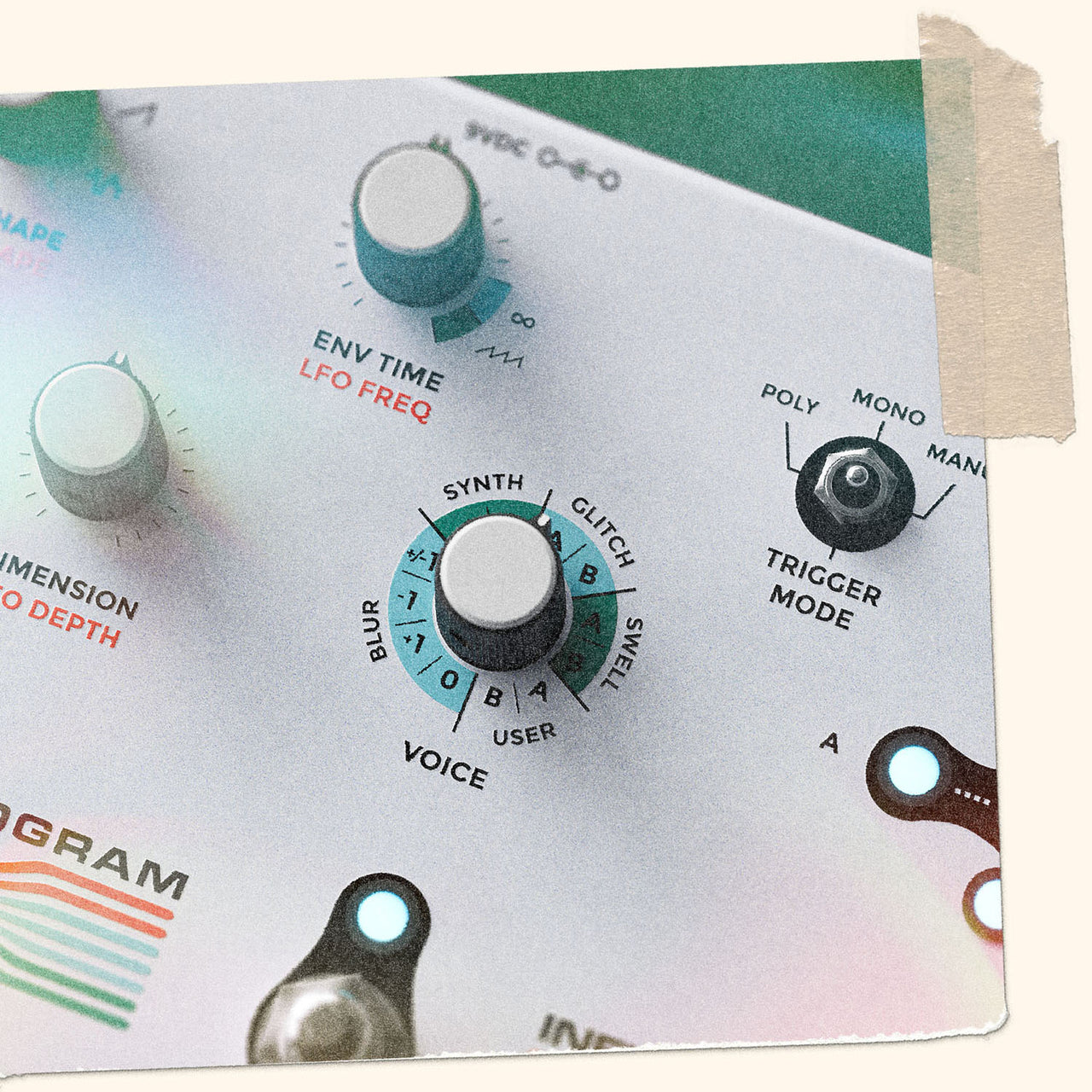 Close-up detailed view of the Hologram Electronics Infinite Jets: Resynthesizer multi-voice synth and glitch pedal focused on the Voice encoder knob