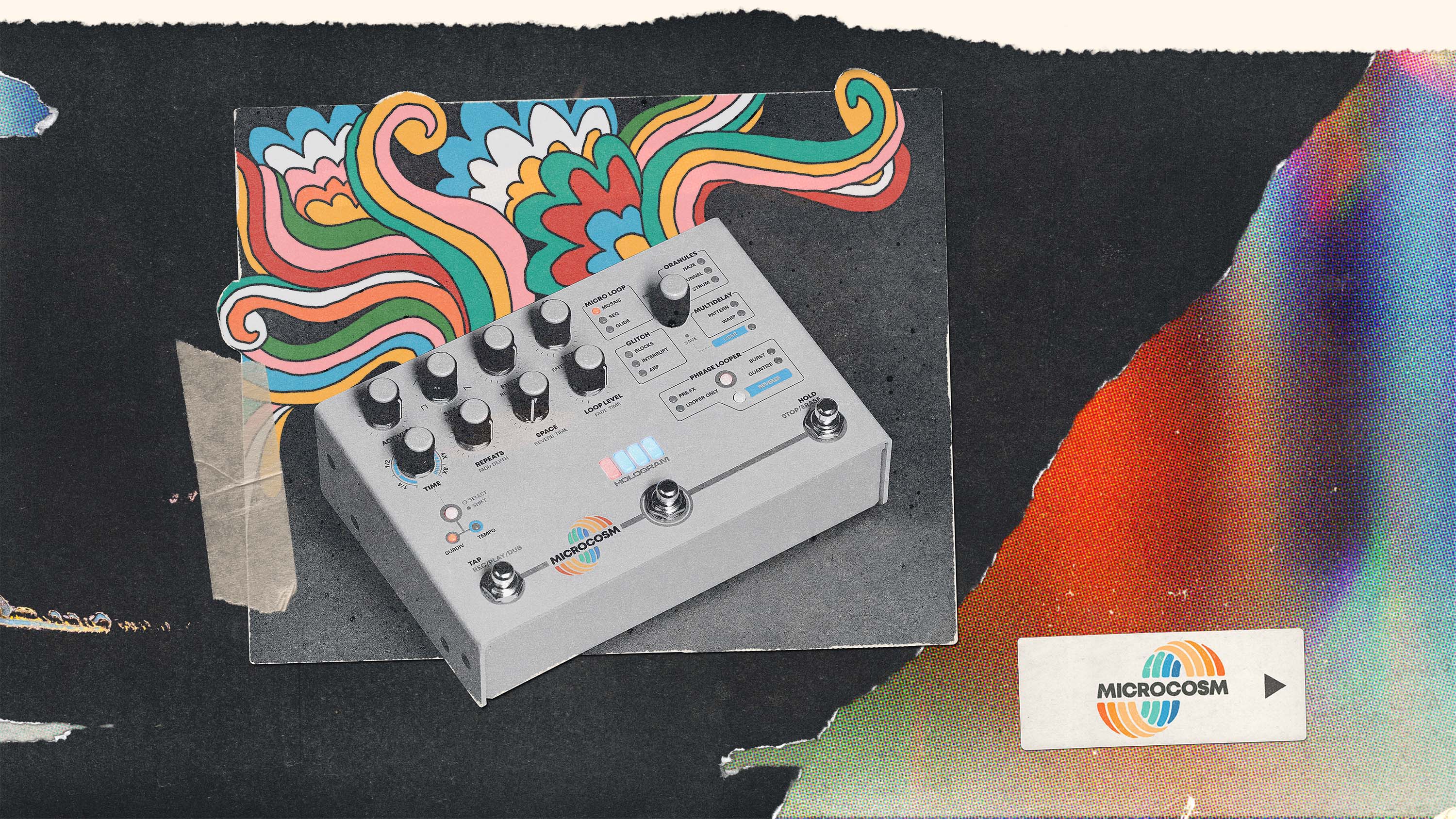 Retro-style photo of the Hologram Electronics Microcosm granular delay and looper pedal emitting colorful shapes
