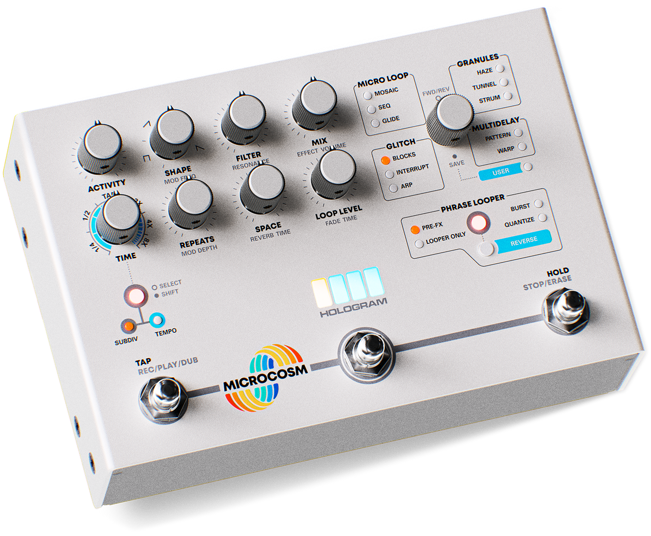 Clear, detailed view of the Hologram Electronics Microcosm granular delay and looper pedal with LED lights on