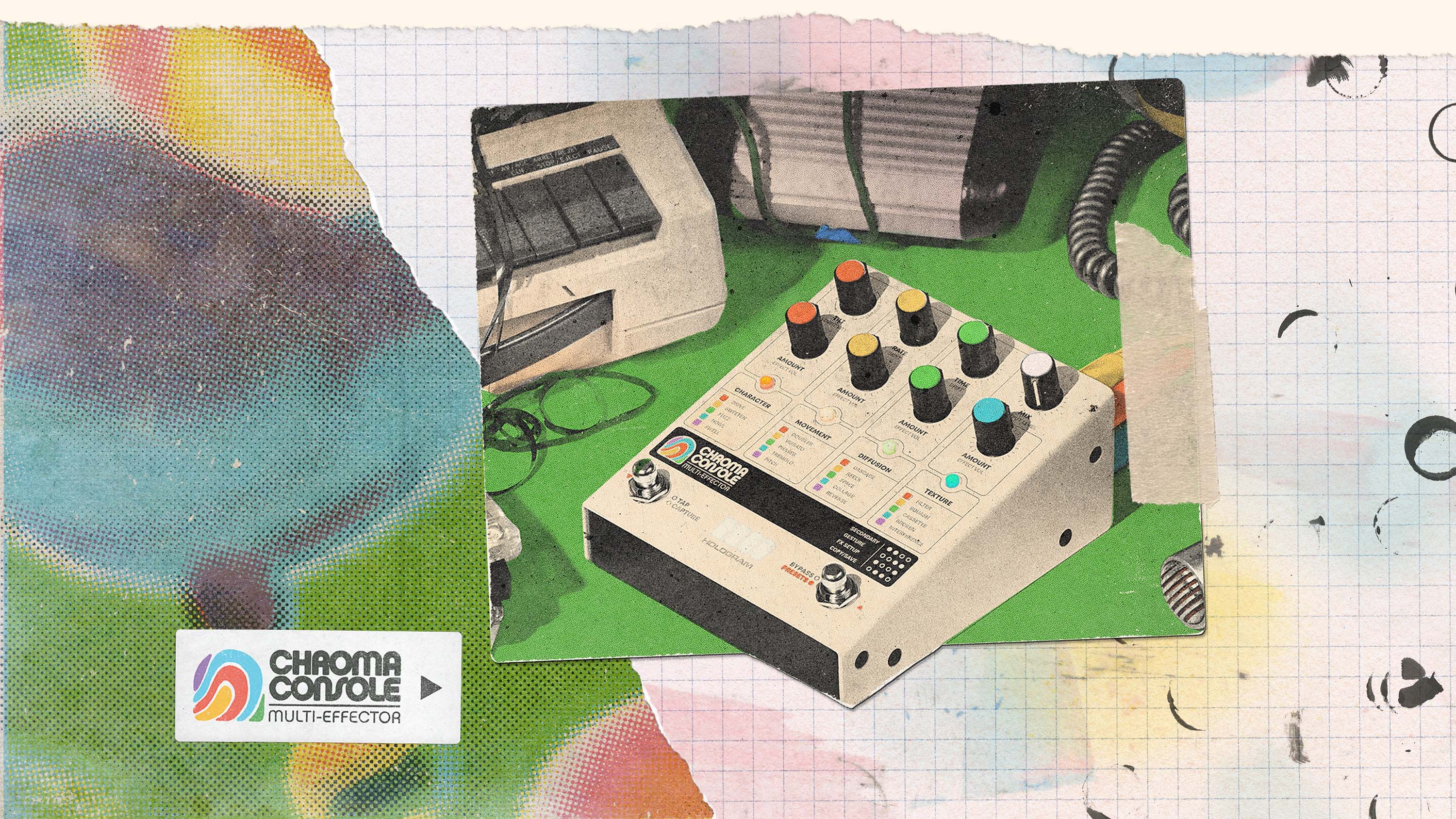 Retro-style colorful photo of the Hologram Electronics Chroma Console multi-effect pedal surrounded by music gear