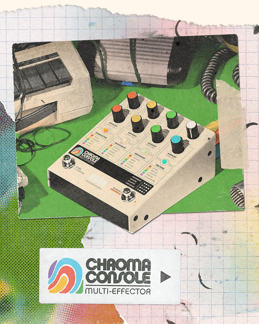 Retro-style colorful photo of the Hologram Electronics Chroma Console multi-effect pedal surrounded by music gear