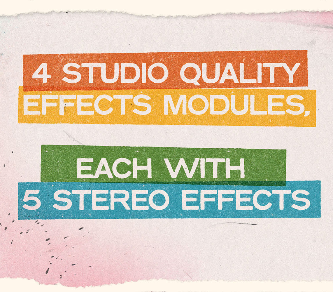 Colored bars with white text reading “4 Studio Quality Effects Modules, Each with 5 Stereo Effects”