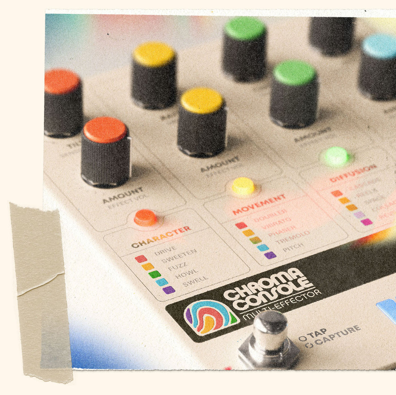 Close-up detailed view of the Hologram Electronics Chroma Console multi-effect pedal focused on the logo