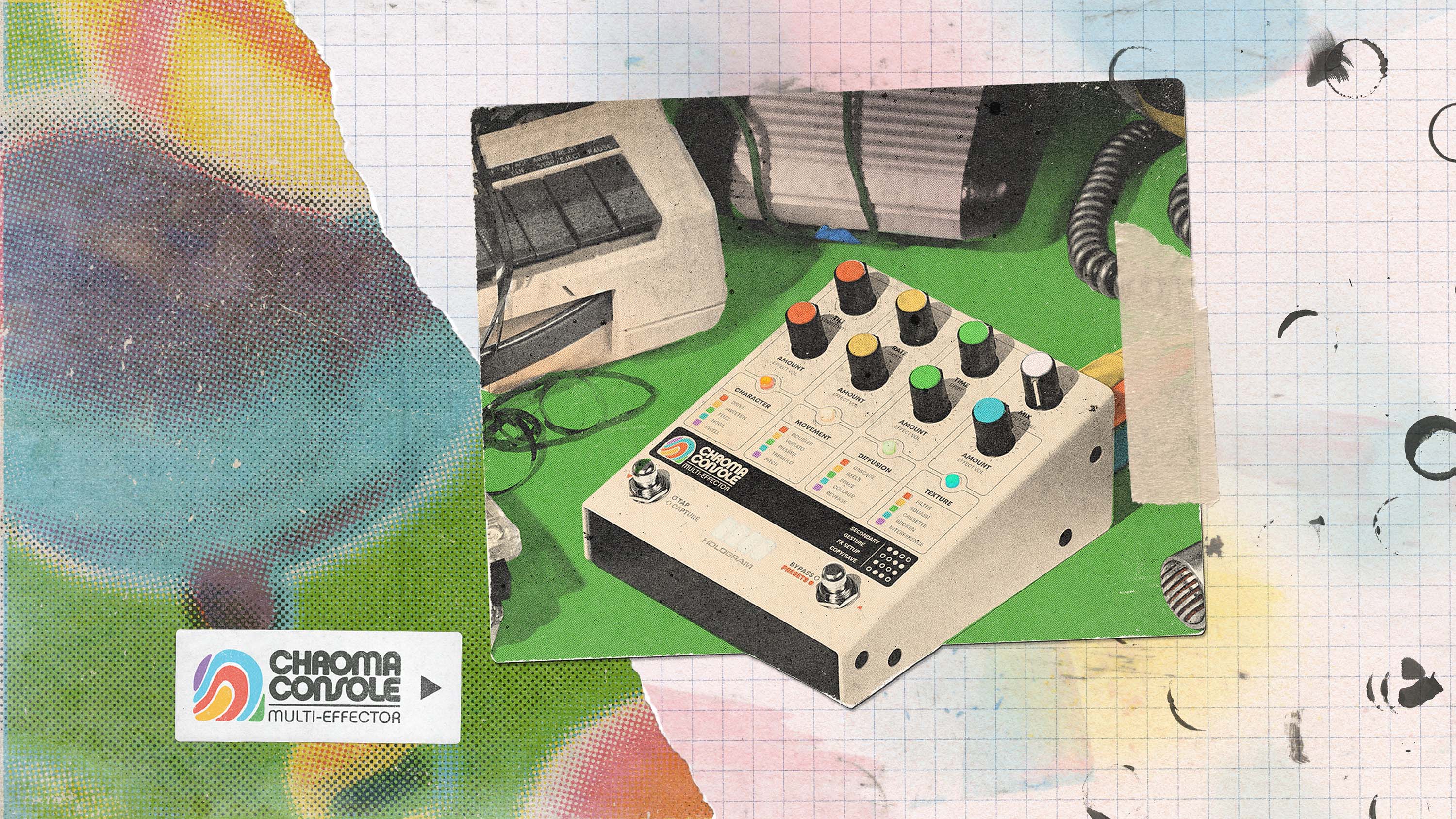 Retro-style colorful photo of the Hologram Electronics Chroma Console multi-effect pedal surrounded by music gear