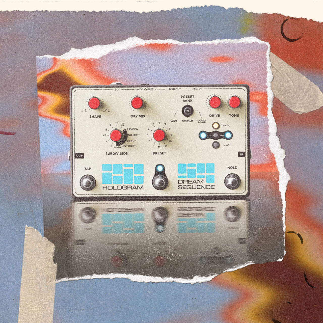 Straight-on detailed view of the Hologram Electronics Dream Sequence programmable rhythm and octave pedal on a reflective surface