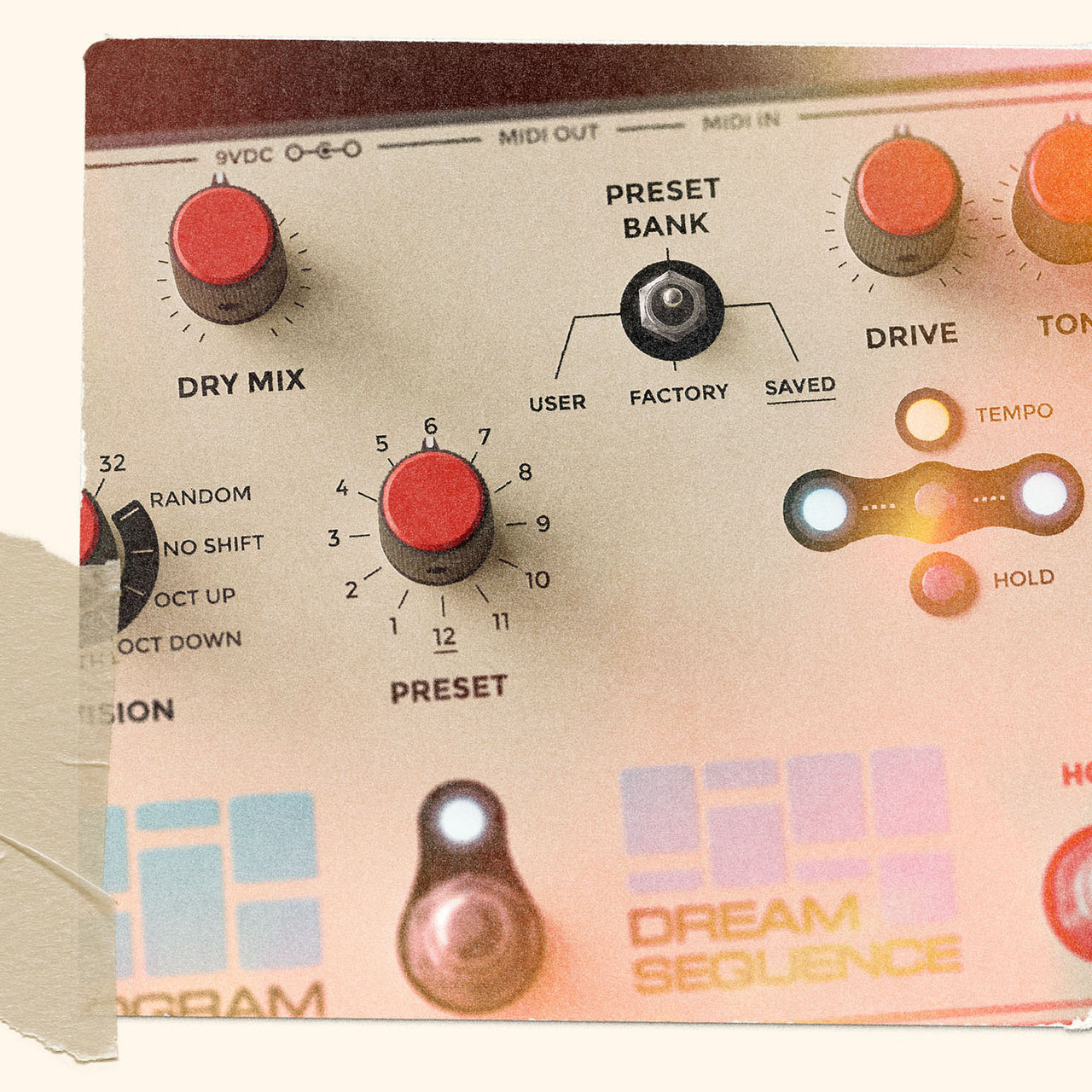 Close-up detailed view of the Hologram Electronics Dream Sequence programmable rhythm and octave pedal focused on the Preset Bank