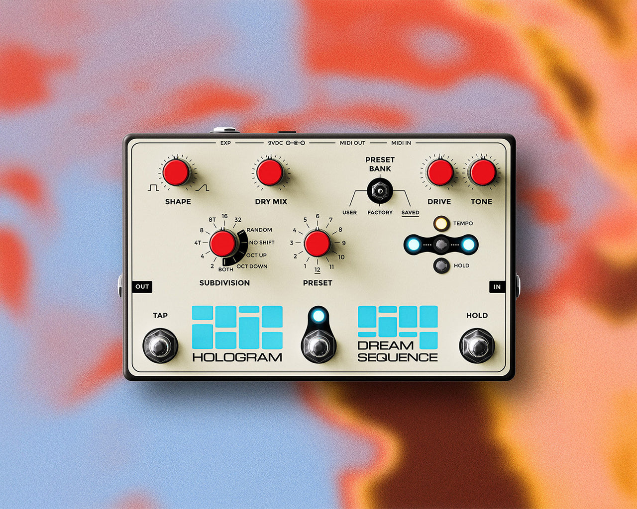 Top-down view of the Hologram Electronics Dream Sequence programmable rhythm and octave pedal