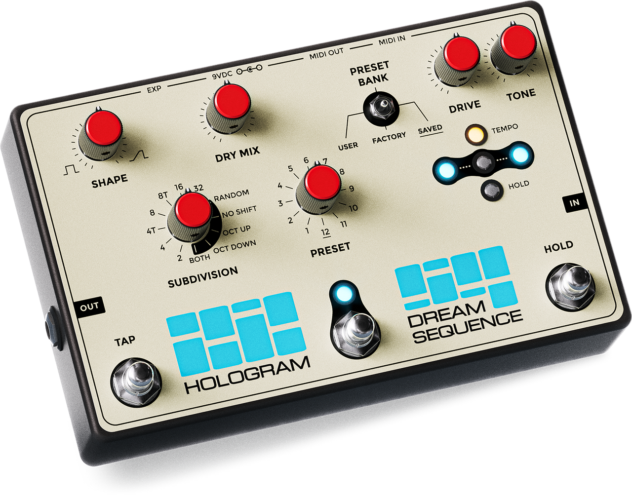 Clear, detailed view of the Hologram Electronics Dream Sequence programmable rhythm and octave pedal with LED lights on