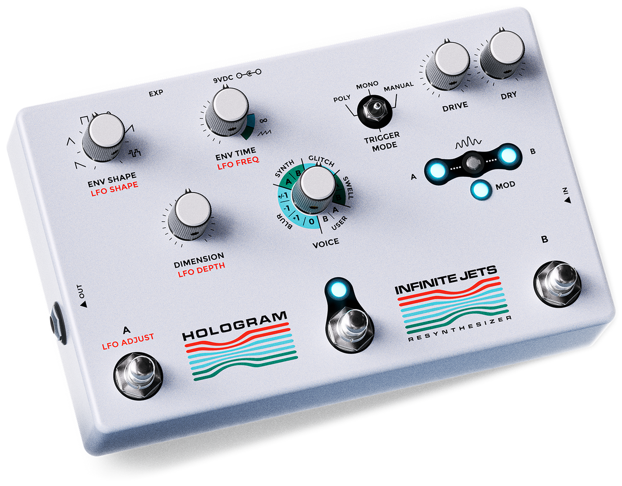 Clear, detailed view of the Hologram Electronics Infinite Jets: Resynthesizer multi-voice synth and glitch pedal with LED lights on