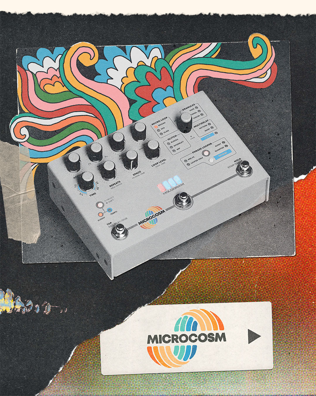 Retro-style photo of the Hologram Electronics Microcosm granular delay and looper pedal emitting colorful shapes