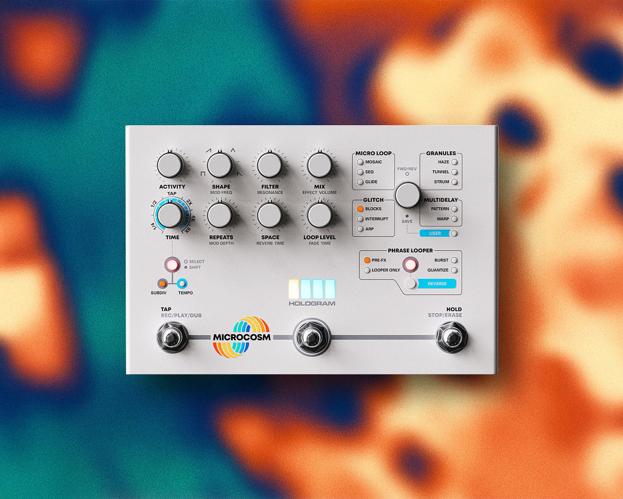 Top-down view of the Hologram Electronics Microcosm granular delay and looper pedal