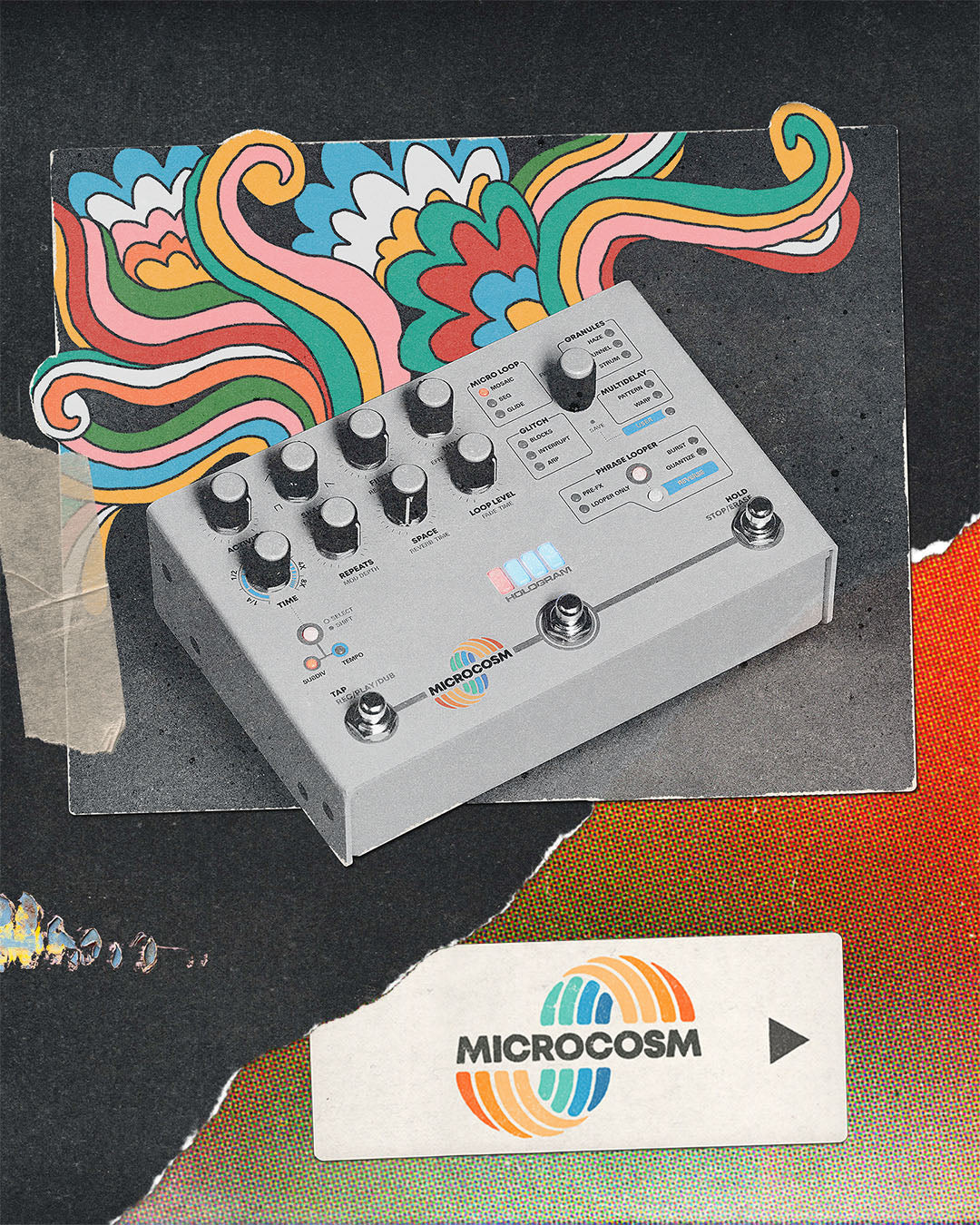 Retro-style photo of the Hologram Electronics Microcosm granular delay and looper pedal emitting colorful shapes