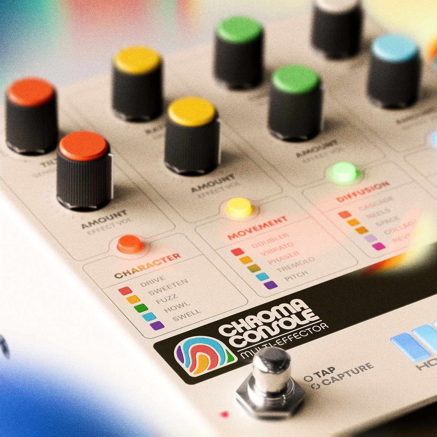 Close-up detailed view of the Hologram Electronics Chroma Console multi-effect pedal focused on the logo