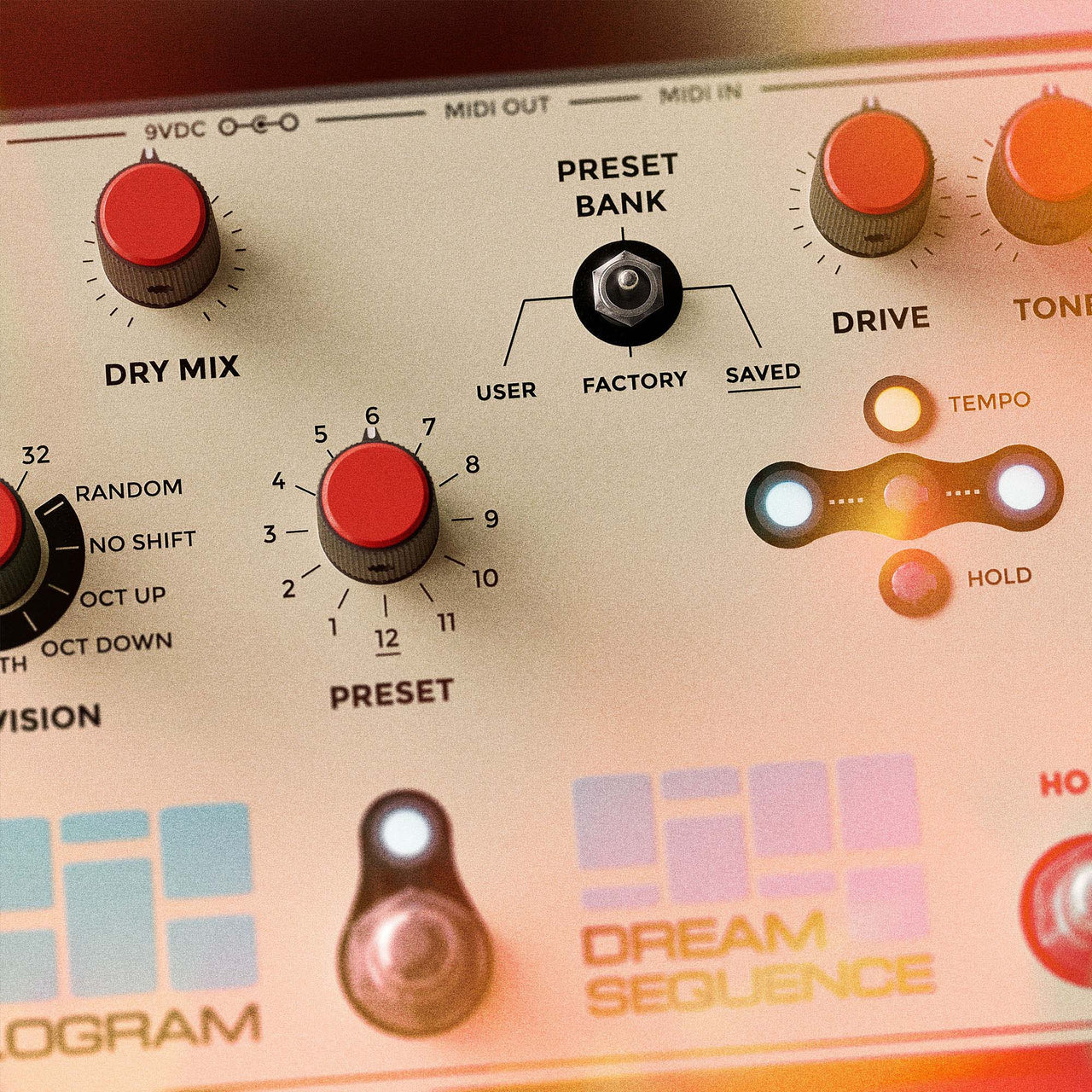 Close-up detailed view of the Hologram Electronics Dream Sequence programmable rhythm and octave pedal focused on the Preset Bank